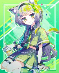 Rule 34 | 1girl, animal ears, arm at side, belt, black hairband, black necktie, black socks, blush, bracelet, buckle, cat ears, cat girl, cat tail, closed mouth, collared shirt, cropped shirt, dot nose, drink, drinking straw, green eyes, green nails, green theme, grey hair, grey shirt, grey skirt, hair ornament, hairband, halftone, highres, holding, holding drink, jewelry, kneehighs, long bangs, long hair, looking at viewer, midriff, miniskirt, nail polish, necktie, original, pleated skirt, raised eyebrows, ring, saijo1201, shirt, short sleeves, sidelocks, sitting, skirt, socks, solo, straight hair, tail, thigh belt, thigh strap, two-tone eyes, x hair ornament, yellow eyes