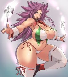 Rule 34 | 1girl, bad id, bad twitter id, bikini, breasts, cleavage, curvy, elbow gloves, gloves, highres, huge breasts, jun&#039;you (kancolle), kantai collection, long hair, looking at viewer, navel, notauchi mawaru ni-shiki, open mouth, purple eyes, purple hair, smile, solo, swimsuit, thick thighs, thighhighs, thighs, wide hips