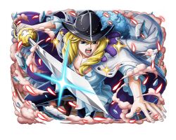 Rule 34 | 1boy, black headwear, blonde hair, cavendish, frilled shirt, frilled sleeves, frills, hat, hat feather, holding, holding sword, holding weapon, long hair, one piece, one piece treasure cruise, open mouth, shirt, sword, teeth, weapon, white shirt