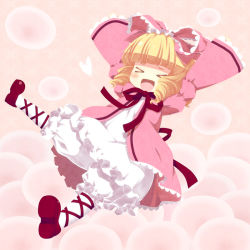 Rule 34 | &gt; &lt;, 1girl, :d, arms up, blonde hair, bow, drill hair, closed eyes, hinaichigo, kouji (campus life), md5 mismatch, open mouth, pink bow, ribbon, rozen maiden, smile, solo, twin drills, twintails, xd