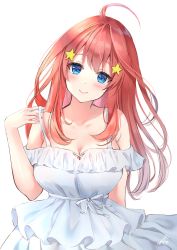 Rule 34 | 1girl, absurdres, ahoge, arm behind back, bare shoulders, blue eyes, blush, breasts, cleavage, collarbone, commentary request, dress, eyebrows hidden by hair, fingernails, go-toubun no hanayome, hair between eyes, hair intakes, hair ornament, head tilt, highres, large breasts, long dress, long hair, looking at viewer, mizukanayuki, nakano itsuki, red hair, ribbon, sidelocks, signature, simple background, smile, solo, star (symbol), star hair ornament, strap pull, upper body, white background, white dress, white ribbon
