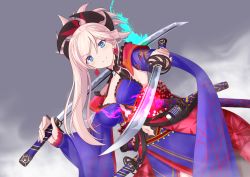 Rule 34 | 1girl, absurdres, blue eyes, blush, earrings, fate/grand order, fate (series), hair ornament, highres, holding, holding sword, holding weapon, japanese clothes, jewelry, katana, kimono, kimono skirt, layered clothes, layered kimono, miyamoto musashi (fate), miyamoto musashi (third ascension) (fate), obi, pink hair, pipin try, sash, short kimono, simple background, smile, solo, sword, weapon, wide sleeves
