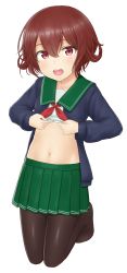 Rule 34 | 1girl, absurdres, blue jacket, brown hair, brown pantyhose, clothes lift, crescent, crescent pin, green sailor collar, green skirt, hair between eyes, highres, jacket, kantai collection, kneeling, lifted by self, looking at viewer, multicolored hair, mutsuki (kancolle), mutsuki kai ni (kancolle), navel, neckerchief, open mouth, pantyhose, pleated skirt, red neckerchief, sailor collar, sc naru, school uniform, serafuku, shirt lift, short hair, simple background, skirt, solo, teeth, upper teeth only, white background