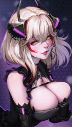 Rule 34 | 1girl, azhang, azur lane, bare shoulders, black gloves, blonde hair, breasts, choker, cleavage, commentary, dress, elbow gloves, gloves, hair ornament, highres, large breasts, lips, looking at viewer, multicolored hair, orange eyes, parted lips, red hair, roon (azur lane), roon (muse) (azur lane), short hair, simple background, sleeveless, two-tone hair, upper body