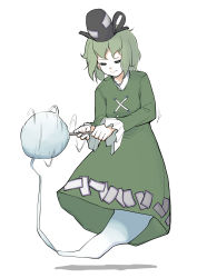 Rule 34 | 1girl, cross-laced clothes, dress, expressionless, frilled sleeves, frills, ghost tail, green dress, green eyes, green hair, hat, highres, long sleeves, ofuda, ofuda on clothes, peroponesosu., short hair, soga no tojiko, solo, spinning, tate eboshi, touhou