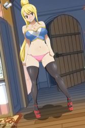 Rule 34 | 1girl, absurdres, blonde hair, blush, breasts, brown eyes, cleavage, fairy tail, full body, highres, large breasts, long hair, looking at viewer, lucy heartfilia, navel, open mouth, panties, ponytail, smile, solo, standing, thighhighs, underwear
