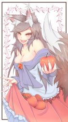 Rule 34 | 1girl, :d, animal ear fluff, animal ears, apple, bare shoulders, blush, breasts, brooch, brown eyes, brown hair, cleavage, collarbone, commentary request, cowboy shot, cube85, eyelashes, fang, fingernails, food, fruit, highres, holding, holding food, holding fruit, imaizumi kagerou, jewelry, large breasts, long hair, long sleeves, looking at viewer, off-shoulder shirt, off shoulder, open mouth, outside border, outside of play area, petticoat, red skirt, sharp fingernails, shirt, skirt, skirt basket, skirt hold, smile, solo, swept bangs, tail, touhou, white background, white shirt, wolf ears, wolf tail