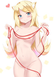 Rule 34 | 1girl, absurdres, animal ears, blonde hair, blue eyes, blush, breasts, cat ears, catstudioinc (punepuni), collarbone, commentary, completely nude, convenient censoring, cowboy shot, english commentary, fang, fang out, flipped hair, head tilt, heart, highres, long hair, looking at viewer, medium breasts, navel, nipples, nude, aged up, original, pussy, simple background, smile, solo, standing, string, string of fate, thigh gap, white background