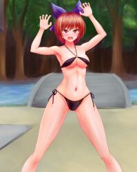 Rule 34 | 1girl, arms up, bikini, black bikini, black footwear, blush, bow, breasts, cleavage, commentary request, cropped, feet out of frame, hair bow, highres, looking at viewer, medium breasts, mikotouca, navel, open mouth, outdoors, purple bow, red eyes, red hair, sekibanki, short hair, solo, swimsuit, touhou, variant set