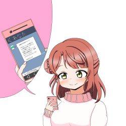 Rule 34 | 1girl, artist name, artist request, blush, braid, braided bun, breasts, cellphone, check translation, commentary request, female focus, green eyes, hair bun, half updo, highres, holding, holding cellphone, holding phone, long sleeves, looking at viewer, love live!, love live! nijigasaki high school idol club, nail, nail polish, orange hair, parted lips, phone, pink nails, pink nails, red hair, short hair, side bun, single side bun, small breasts, smile, solo, sweater, translated, translation request, uehara ayumu, upper body, white background, white sweater, yellow eyes