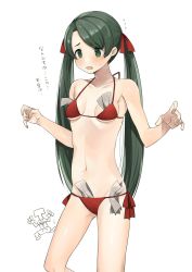 Rule 34 | 1boy, 1girl, banknote, bikini, black hair, breasts, commentary request, cowboy shot, embarrassed, green eyes, highres, kantai collection, long hair, mikuma (kancolle), money, object in clothes, object in swimsuit, red bikini, side-tie bikini bottom, simple background, small breasts, standing, swimsuit, t-head admiral, toriniku senshi chikinman, translation request, tucked money, twintails, white background