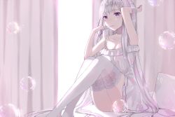 Rule 34 | 10s, 1girl, adjusting hair, bare arms, breasts, cleavage, collarbone, curtains, dress, emilia (re:zero), hair ornament, hand in own hair, highres, knees up, lace, lace-trimmed legwear, lace trim, levi9452, long hair, mouth hold, on bed, pillow, purple eyes, re:zero kara hajimeru isekai seikatsu, silver hair, sitting, small breasts, soap bubbles, solo, thighhighs, tying hair, very long hair, white dress, white thighhighs