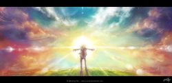 Rule 34 | androgynous, artist name, cloud, colorful, from behind, full body, gender request, grass, letterboxed, nature, original, outdoors, outstretched arms, pants, plant, shirt, signature, sky, solo, spread arms, standing, sun, sunlight, watermark, web address, white hair, white shirt, wind, yuumei