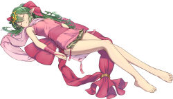 Rule 34 | 1girl, barefoot, bow, breasts, dress, feet, fire emblem, fire emblem: mystery of the emblem, hair bow, long hair, lying, nintendo, on back, pointy ears, ponytail, simple background, sleeping, sleeveless, sleeveless dress, small breasts, solo, tiki (fire emblem), tiki (young) (fire emblem), toes, uro (oolong), white background