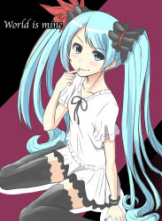 Rule 34 | 1girl, absurdres, bad id, bad pixiv id, blue eyes, blue hair, bracelet, copyright name, hatsune miku, highres, jewelry, long hair, matching hair/eyes, nail polish, sitting, solo, thighhighs, twintails, very long hair, vocaloid, wariza, world is mine (vocaloid)