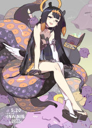 Rule 34 | 1girl, :3, :d, bare shoulders, black hair, blunt bangs, blush, book, candle, character name, chinese commentary, closed eyes, closed mouth, collarbone, cookie, detached sleeves, dot nose, feathered wings, feet, flat chest, food, forehead, frilled skirt, frills, geta, gloves, hair ornament, half gloves, halo, happy birthday, highres, hololive, hololive english, legs together, long hair, looking at viewer, mole, mole under eye, monster girl, ninomae ina&#039;nis, open book, open mouth, orange hair, sandals, scylla, single bare leg, single bare shoulder, single detached sleeve, single leg pantyhose, skirt, smile, solo, takodachi (ninomae ina&#039;nis), teeth, tennohi, tentacles, thighhighs, upper teeth only, very long hair, virtual youtuber, white thighhighs, wings