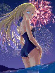 Rule 34 | 1girl, a01macaron, absurdres, ass, blonde hair, blue eyes, blue one-piece swimsuit, breasts, competition school swimsuit, cowboy shot, fireworks, forehead, from above, highres, kofune ushio, long hair, looking back, night, one-piece swimsuit, outdoors, partially submerged, partially underwater shot, school swimsuit, small breasts, soaking feet, solo, summertime render, swimsuit, underwater, wading, water