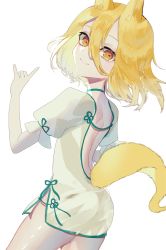 Rule 34 | 1girl, animal ears, ass, back, bad arm, blonde hair, bow, choker, closed mouth, artistic error, fox ears, fox tail, from behind, green bow, green choker, hair between eyes, hand up, highres, jumpsuit, kudamaki tsukasa, looking at viewer, puffy short sleeves, puffy sleeves, short hair, short sleeves, simple background, smile, solo, standing, tail, teeth, touhou, tsukikusa, white background, white jumpsuit