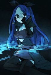 Rule 34 | 1girl, black eyes, blue hair, bow, breasts, character request, elbow gloves, gloves, hair bow, large breasts, long hair, messier number, navel, sitting, skirt, solo, sword, tears, tenshi no utsuwa, thighhighs, vessel of an angel, weapon, wiping tears