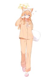 Rule 34 | 1girl, alternate costume, animal ear fluff, animal ears, aoitsuki, blue archive, blue eyes, bow, bow hairband, commentary, fox ears, full body, hair between eyes, hairband, halo, highres, holding, holding pillow, long hair, mari (blue archive), orange hair, orange pajamas, orange pants, orange shirt, pajamas, pants, pillow, pink footwear, shirt, simple background, slippers, solo, symbol-only commentary, toothbrush in mouth, white background, white bow, white hairband, yellow halo
