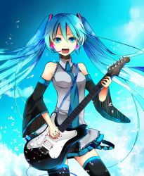 Rule 34 | 1girl, aqua eyes, aqua hair, bad id, bad pixiv id, detached sleeves, electric guitar, guitar, hatsune miku, headset, highres, instrument, long hair, music, necktie, open mouth, singing, skirt, solo, temari (deae), thighhighs, twintails, upside-down, very long hair, vocaloid
