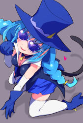 Rule 34 | 1girl, :d, blue-tinted eyewear, blue-tinted glasses, blue cat (precure), blue footwear, blue gloves, blue hair, blue hat, blue shirt, blue skirt, blue theme, boots, braid, cat tail, detached collar, gloves, grey background, hat, highres, kneeling, long hair, looking at viewer, open mouth, paw pose, precure, ryuuta (cure ryuuta), shirt, shoes, simple background, skirt, smile, solo, star twinkle precure, sunglasses, tail, thighhighs, thighhighs under boots, tinted eyewear, top hat, twin braids, white thighhighs, zettai ryouiki