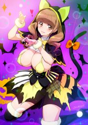 Rule 34 | 1girl, alternate breast size, alternate costume, animal hood, artist name, black footwear, boots, bow, bowtie, breasts, brown eyes, brown hair, cat hood, cat tail, commentary request, covered erect nipples, gradient background, halloween, healin&#039; good precure, hiramitsu hinata, hood, joy ride, knees, large breasts, lips, looking at viewer, nail polish, paw pose, precure, purple background, short hair, smile, solo, tail, thighs, yellow bow, yellow bowtie