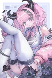 Rule 34 | 1girl, black gloves, black hair, black horns, bow, bowtie, breasts, closed mouth, commentary, demon girl, demon horns, demon tail, english commentary, gloves, hair bow, hair ornament, highres, horns, looking at viewer, medium breasts, multicolored hair, original, pink bow, pink bowtie, pink hair, pink sweater, purple eyes, single glove, solo, streaked hair, sweater, tail, thighhighs, thighs, voruvoru, white bow, white thighhighs, x hair ornament