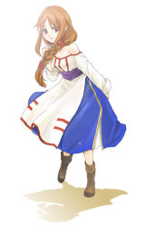 Rule 34 | 1girl, arc the lad, arc the lad ii, bare shoulders, boots, braid, breasts, brown eyes, brown hair, cleavage, dress, female focus, full body, hotaruk, lieza (arc the lad), long hair, single braid, solo, white background