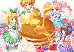 Rule 34 | 4girls, :&gt;, :d, apron, argyle, argyle background, argyle clothes, bad id, bad pixiv id, blonde hair, blue dress, blue eyes, blue ribbon, blueberry, braid, brown hair, butter, coconat summer, dress, food, food focus, frown, fruit, gloves, gradient background, green dress, green eyes, green ribbon, hair ribbon, ice cream, layered dress, light particles, long hair, looking at viewer, looking down, mini person, minigirl, multiple girls, open mouth, orange dress, orange hair, original, pastry bag, pink background, pink dress, pink hair, profile, raspberry, ribbon, short hair, smile, star (symbol), strawberry, syrup, twin braids, two side up, waist apron, whipped cream, white gloves