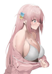 Rule 34 | 1girl, absurdres, aqua eyes, bare shoulders, blush, bocchi the rock!, bra, breasts, cleavage, collarbone, commentary, cube hair ornament, from side, gotoh hitori, hair between eyes, hair ornament, highres, huge breasts, jacket, large breasts, long hair, long sleeves, looking down, ndrw7522, one side up, open clothes, open jacket, partially unzipped, pink hair, pink jacket, sideboob, simple background, sleeves past wrists, solo, sweatdrop, track jacket, underwear, unzipping, upper body, white background, white bra