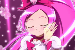 Rule 34 | 1girl, absurdres, bow, choker, cure blossom, eyelashes, closed eyes, floral background, flower, hanasaki tsubomi, heartcatch precure!, highres, jewelry, kiyu (doremi&#039;s party), long hair, magical girl, parody, pink background, pink bow, pink hair, pink theme, ponytail, precure, ring, smile, smile precure!, solo, wrist cuffs