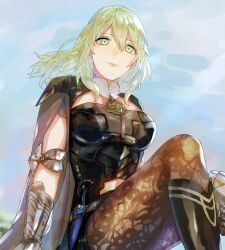 Rule 34 | 1girl, abinosu0903, armor, bodice, breasts, bustier, byleth (female) (fire emblem), byleth (fire emblem), cape, closed mouth, clothing cutout, dagger, fire emblem, fire emblem: three houses, green hair, hair between eyes, highres, knife, large breasts, looking at viewer, mature female, medium hair, navel cutout, nintendo, outdoors, pantyhose, pantyhose under shorts, patterned legwear, print pantyhose, shorts, sitting, sky, solo, tree, vambraces, weapon