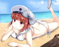 Rule 34 | 10s, 1girl, ass, beach, bikini, blush, breasts, butt crack, groin, hadron9, hat, kantai collection, ocean, red eyes, red hair, small breasts, solo, swimsuit, z3 max schultz (kancolle)