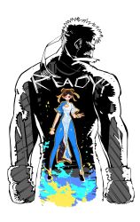 Rule 34 | 1boy, 1girl, black footwear, blue pants, bracelet, brown hair, capcom, china dress, chinese clothes, chun-li, cleavage cutout, clothing cutout, double bun, dress, gloves, hair bun, highres, jewelry, looking at viewer, one eye closed, pants, pelvic curtain, projected inset, ryu (street fighter), shoes, short sleeves, simple background, smile, ssambatea, street fighter, street fighter 6, white background