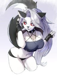 Rule 34 | 1girl, animal ear fluff, animal ears, black eyeshadow, black gloves, black nails, black panties, breasts, cleavage, collar, colored sclera, cropped legs, earrings, eyeshadow, fingerless gloves, fingernails, furry, furry female, gloves, grey eyes, grey hair, helluva boss, highres, hymin, jewelry, large breasts, leaning forward, long hair, long tail, loona (helluva boss), makeup, multi-strapped camisole, nail polish, navel, panties, pentagon (shape), pinup (style), red sclera, sharp fingernails, snout, solo, spiked collar, spikes, tail, thigh gap, underwear, very long hair, white fur, wolf ears, wolf girl, wolf tail