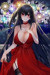 Rule 34 | 1girl, ahoge, asymmetrical hair, azur lane, black hair, black thighhighs, blush, breasts, choker, cleavage, collarbone, commentary, cowboy shot, crossed bangs, dress, fireworks, garter straps, hair between eyes, hair ornament, hand on own chest, highres, jewelry, large breasts, long hair, looking at viewer, night, night sky, official alternate costume, outdoors, parted lips, red choker, red dress, ring, side ponytail, skirt hold, sky, sleeveless, sleeveless dress, smile, solo, standing, taihou (azur lane), taihou (forbidden feast) (azur lane), thighhighs, very long hair, water, wedding ring, yorugami rei