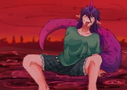 Rule 34 | 1girl, absurdres, barefoot, blood, blurry, blurry background, chupacabra, green shirt, green shorts, heart, highres, horns, large tail, light blush, messy hair, otaeriaaoba, pointy ears, pool of blood, purple hair, purple tail, raised eyebrow, red background, red eyes, shirt, shorts, simple background, single horn, sitting, tail, tenkajin chiyari, tongue, tongue out, touhou