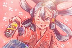 Rule 34 | 1girl, alcohol, black eyes, black hair, blush, bohe, can, commentary request, hair between eyes, hair rings, hair tubes, highres, holding, holding can, japanese clothes, kimono, long hair, long sleeves, looking at viewer, nose blush, one eye closed, open mouth, pink background, sakuna-hime, signature, smile, solo, strong zero, tensui no sakuna-hime