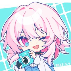 Rule 34 | 1girl, ;d, black choker, blue eyes, blue jacket, camera, chibi, chinese commentary, choker, commentary request, dated, earrings, glint, gloves, hair between eyes, highres, holding, holding camera, honkai: star rail, honkai (series), jacket, jewelry, konotoki, long sleeves, march 7th (honkai: star rail), medium hair, multicolored clothes, multicolored jacket, one eye closed, open mouth, partially fingerless gloves, pink eyes, pink hair, portrait, purple jacket, shirt, single earring, single glove, smile, solo, two-tone eyes, white shirt