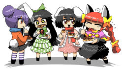Rule 34 | 4girls, animal ears, black hair, bow, braid, cat ears, cat girl, cat tail, dress, eating, female focus, full body, hair bow, hecktop, inaba tewi, kaenbyou rin, long hair, multiple girls, purple hair, rabbit ears, red eyes, red hair, reisen udongein inaba, reiuji utsuho, scarf, short hair, simple background, skirt, striped clothes, striped thighhighs, tail, thighhighs, touhou, twin braids, twintails, white background, wings