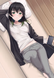 Rule 34 | 1girl, absurdres, alternate hairstyle, arm up, barefoot, black coat, black hair, breasts, cellphone, coat, colored tips, drawstring, dutch angle, feet out of frame, from above, green eyes, green hair, grey pants, head on pillow, highres, holding, holding phone, indoors, knee up, long hair, long sleeves, looking at viewer, love live!, love live! nijigasaki high school idol club, lying, medium breasts, midriff, multicolored hair, on back, open clothes, open coat, pants, parted lips, phone, pillow, rama (yu-light8), shirt, sidelocks, smartphone, streaked hair, takasaki yu, two-tone hair, white shirt, wooden floor