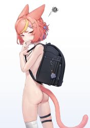 Rule 34 | 1girl, absurdres, animal ears, ass, backpack, bag, blonde hair, blush, braid, breasts, cat ears, cat tail, check copyright, copyright request, covered mouth, cowboy shot, from side, annoyed, hair ornament, hairclip, highres, jewelry, lingxia, looking at viewer, multicolored hair, nude, original, pink hair, randoseru, red eyes, ring, simple background, small breasts, solo, squiggle, streaked hair, tail, thigh strap, thighhighs, white background, white thighhighs