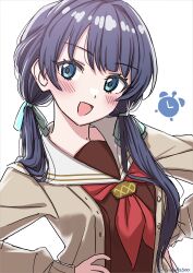 Rule 34 | 1girl, absurdres, blue eyes, blue hair, blush, brown dress, cardigan, dress, grey cardigan, hands on own hips, highres, link! like! love live!, long hair, long sleeves, looking at viewer, love live!, murano sayaka, neckerchief, open cardigan, open clothes, open mouth, red neckerchief, rinon42600, sailor collar, solo, twintails, twitter username, upper body, white background, white sailor collar