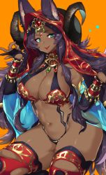 Rule 34 | 1girl, :p, animal ears, aqua eyes, ass, breasts, bridal gauntlets, cleavage, dark skin, dark-skinned female, ears through headwear, fate/grand order, fate (series), gem, highres, hood, horns, jewelry, large breasts, long hair, navel, purple hair, queen of sheba (fate), skindentation, smile, solo, suurin (ksyaro), thick thighs, thighs, tongue, tongue out
