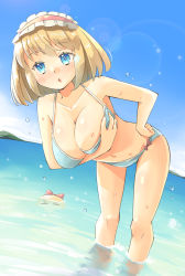 Rule 34 | 1girl, alice-type underwear, alice margatroid, arnest, bikini, blonde hair, blue eyes, breasts, cleavage, hairband, highres, large breasts, lolita hairband, navel, open mouth, shanghai doll, short hair, solo, swimsuit, touhou, water