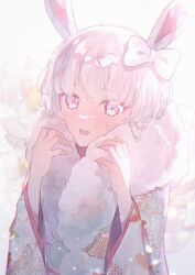 Rule 34 | 1girl, :d, blurry, blurry background, bow, commentary request, depth of field, ear bow, floral background, floral print, flower, fur collar, grey eyes, grey hair, hands up, highres, japanese clothes, kimono, long sleeves, looking at viewer, necojishi, obi, open mouth, original, print kimono, rabbit tail, sash, smile, solo, tail, white bow, white flower, white kimono, wide sleeves