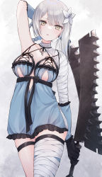 Rule 34 | absurdres, arm up, asymmetrical legwear, bandaged arm, bandages, black gloves, braid, breasts, flower, gloves, grey eyes, hair flower, hair ornament, highres, holding, holding weapon, kaine (nier), long hair, looking at viewer, nier, nier (series), parted lips, shano hiyori, side ponytail, silver hair, solo, standing, uneven legwear, weapon, white background