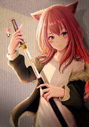 Rule 34 | 1girl, black jacket, blue eyes, blush, borrowed character, character doll, charm (object), closed mouth, fur collar, fur trim, holding, holding sword, holding weapon, jacket, kirimatsu, light, long sleeves, off shoulder, original, red hair, serious, sheath, sheathed, shirt, solo, sword, unsheathing, upper body, weapon, white shirt