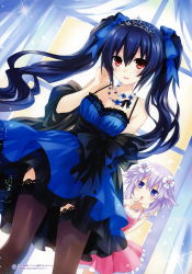 Rule 34 | 2girls, absurdres, alternate costume, arm behind back, black hair, black legwear, blue dress, blush, bow, breasts, chestnut mouth, chou megami shinkou noire gekishin black heart, collarbone, curtains, dress, dutch angle, finger to mouth, frilled dress, frills, hair bow, hair ornament, hand in own hair, head tilt, highres, jewelry, jitome, long hair, looking at another, looking at viewer, medium breasts, multiple girls, necklace, neptune (neptunia), neptune (series), noire (neptunia), official art, open mouth, pink dress, purple eyes, purple hair, red eyes, sleeveless, sleeveless dress, smile, sparkle, strap gap, thighhighs, tiara, tsunako, twintails, very long hair, window